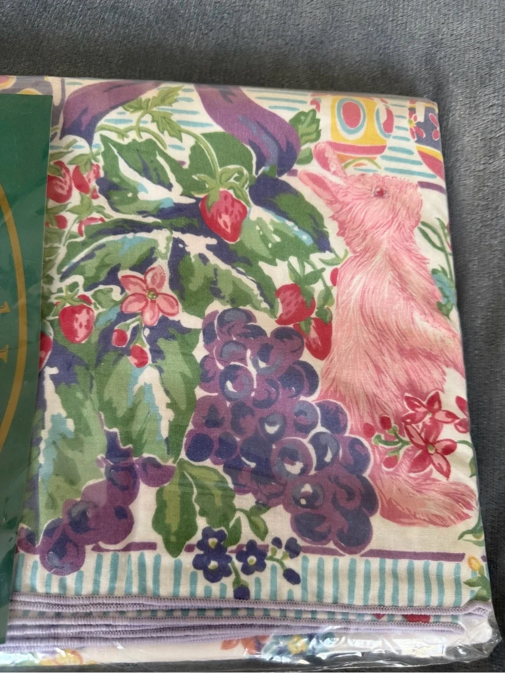 NWT Royal Linens Easter Tablecloth Floral Cotton Bunny Purple Green 60x102